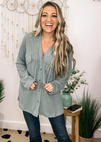 Sage Waffle Knit Button Down Hoodie