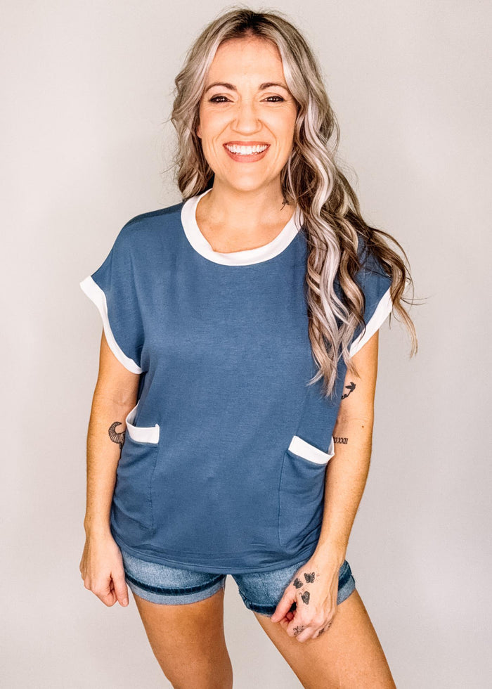 Vintage Blue Short Sleeve Top with White Trim
