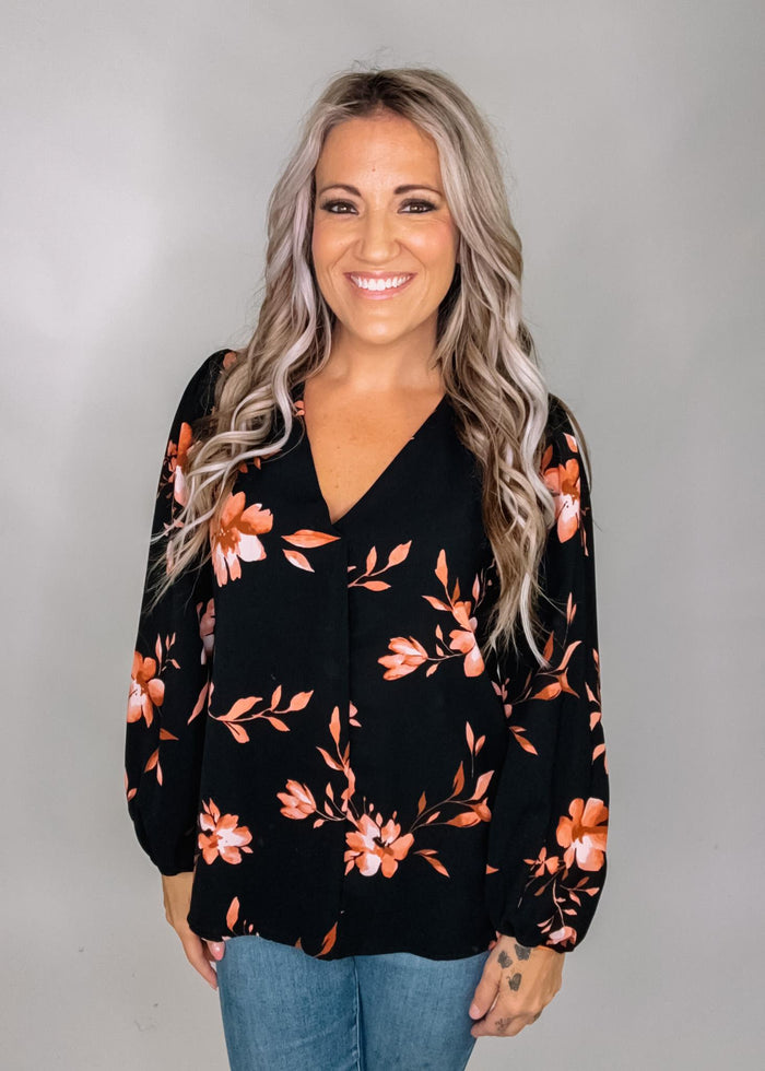 Black and Pink Floral Print Blouse