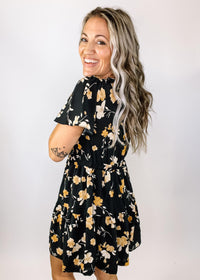 Flirty Black and Amber Floral Dress