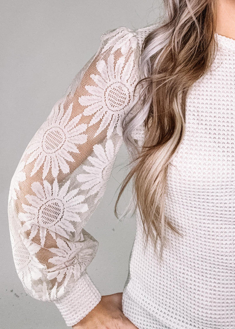 Beige Waffle Knit Top with Lace Sleeves