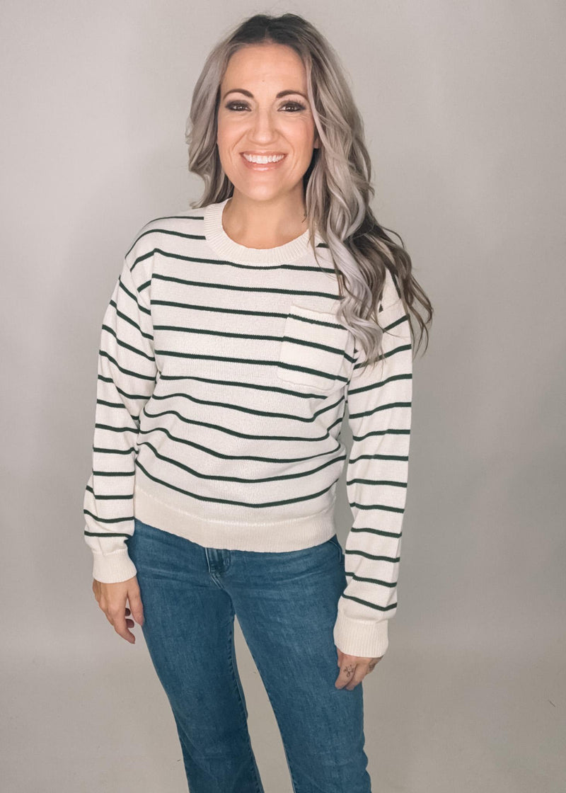 Cream Pocket Sweater with Green Stripes