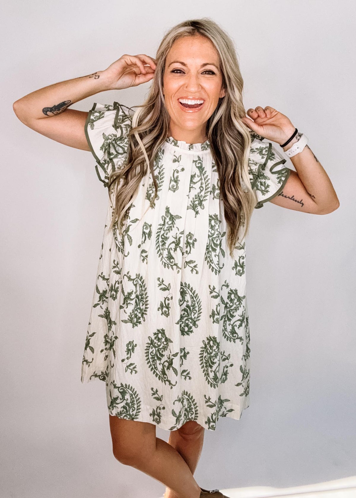 Green and Linen Paisley High Neck Dress