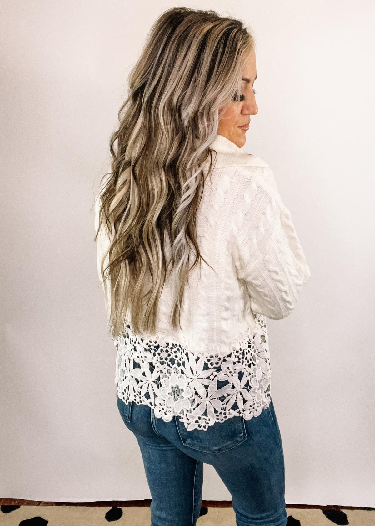 Cable Knit Sweater with Floral Crochet Lace