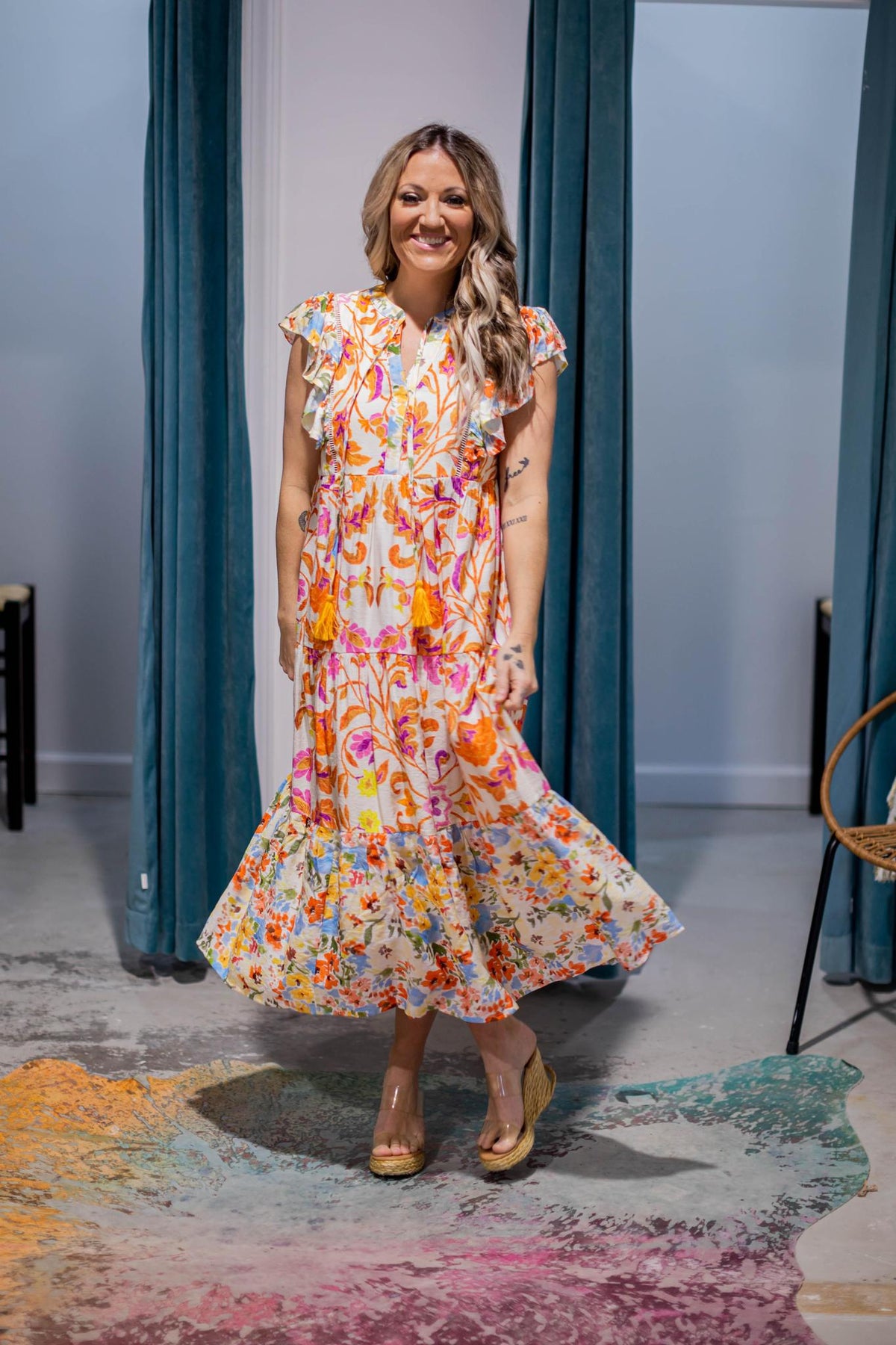 Orange and Pink Printed Midi Dress