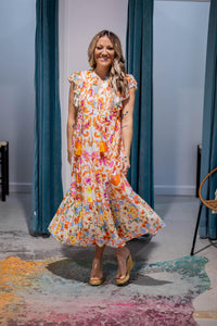 Orange and Pink Printed Midi Dress