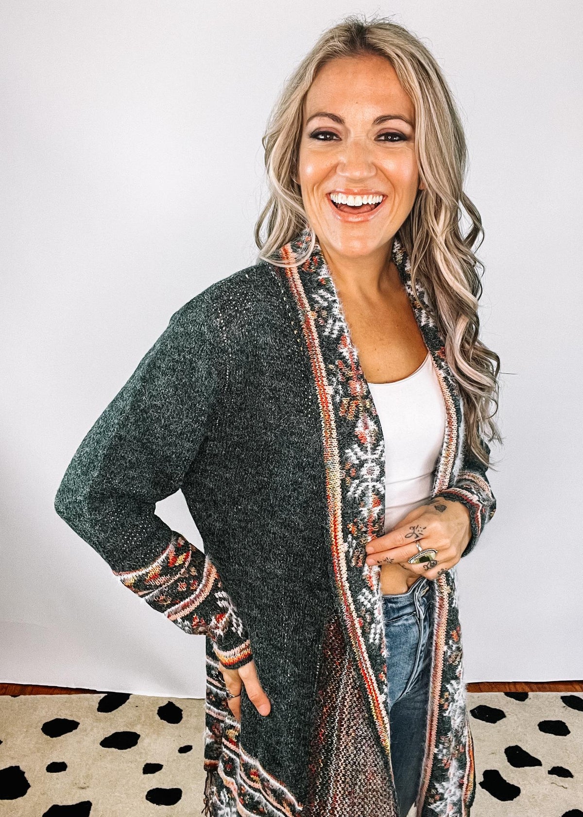 Green Fringed Hem Cardigan Duster