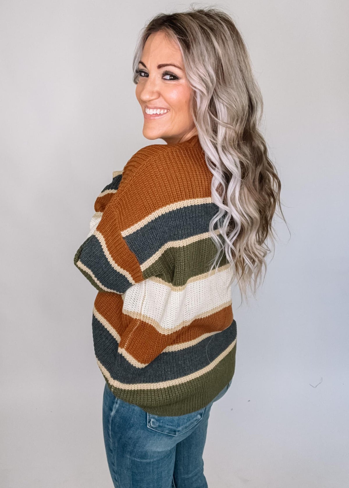 Camel and Olive Stripe Classic Sweater