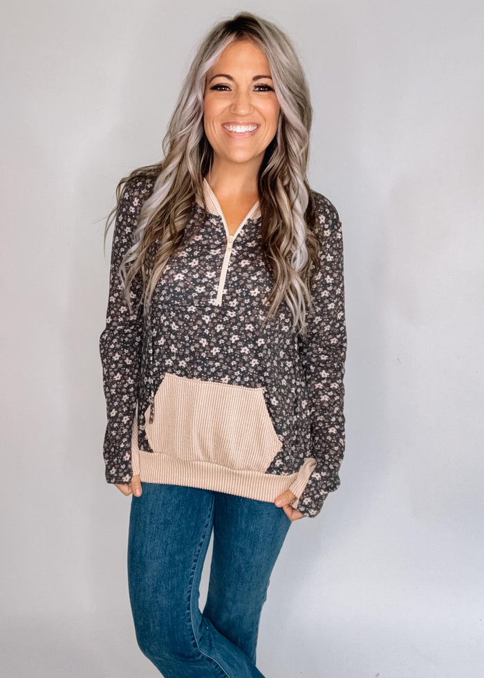 Floral Color Block Half Zip Hoodie