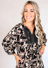 Black Printed Dress with Black Trim