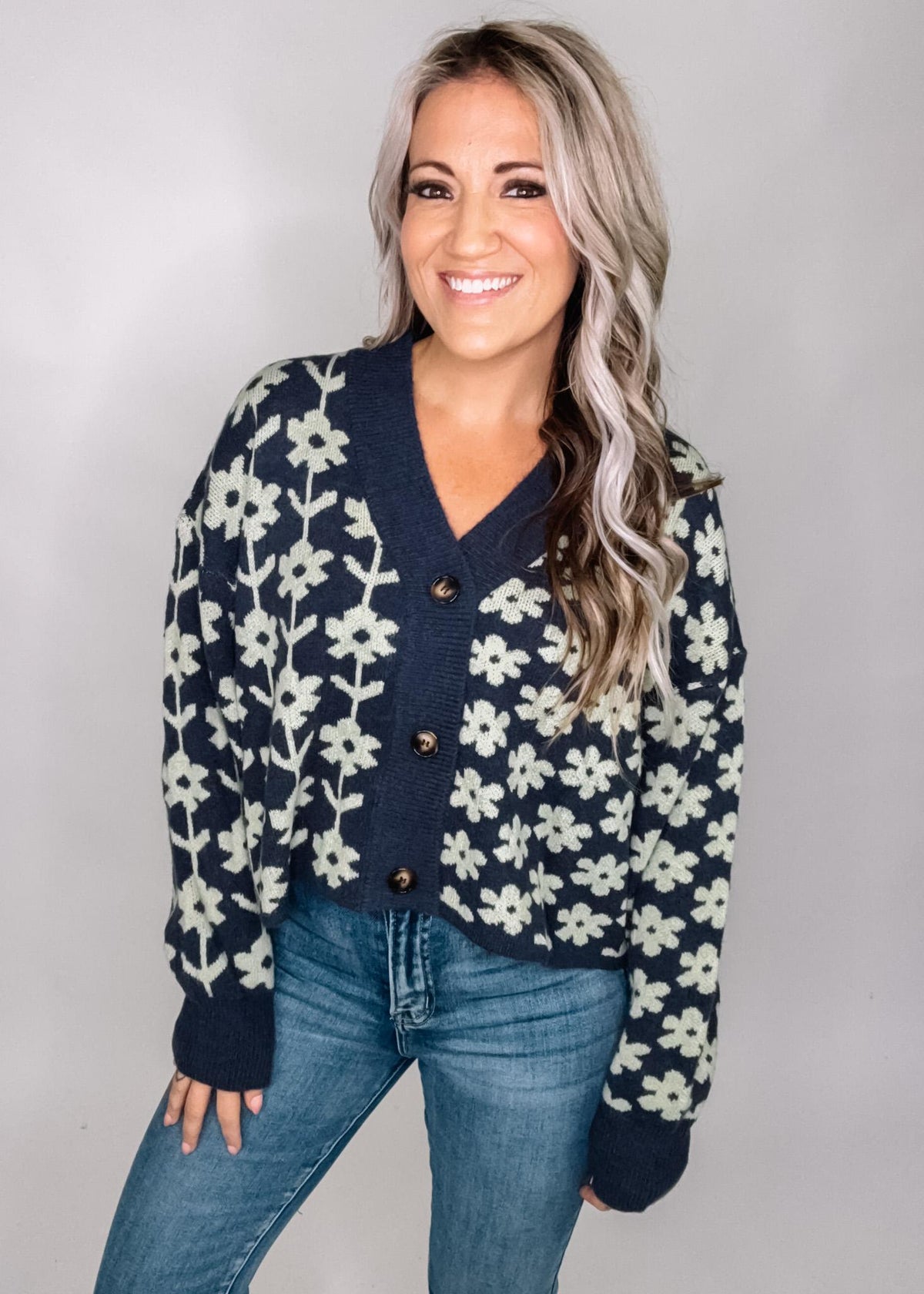 Navy Floral  Knit Cardigan