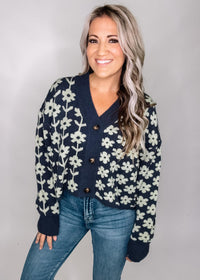 Navy Floral  Knit Cardigan