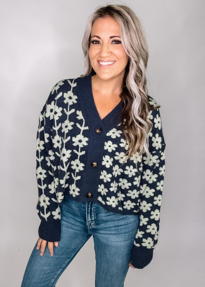 Navy Floral  Knit Cardigan