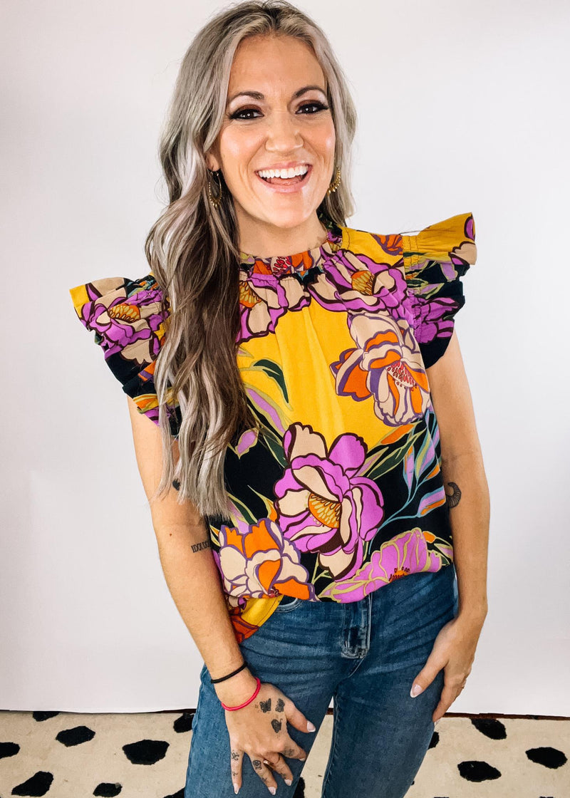 Floral Flutter Sleeve Top with Ruffle Neck