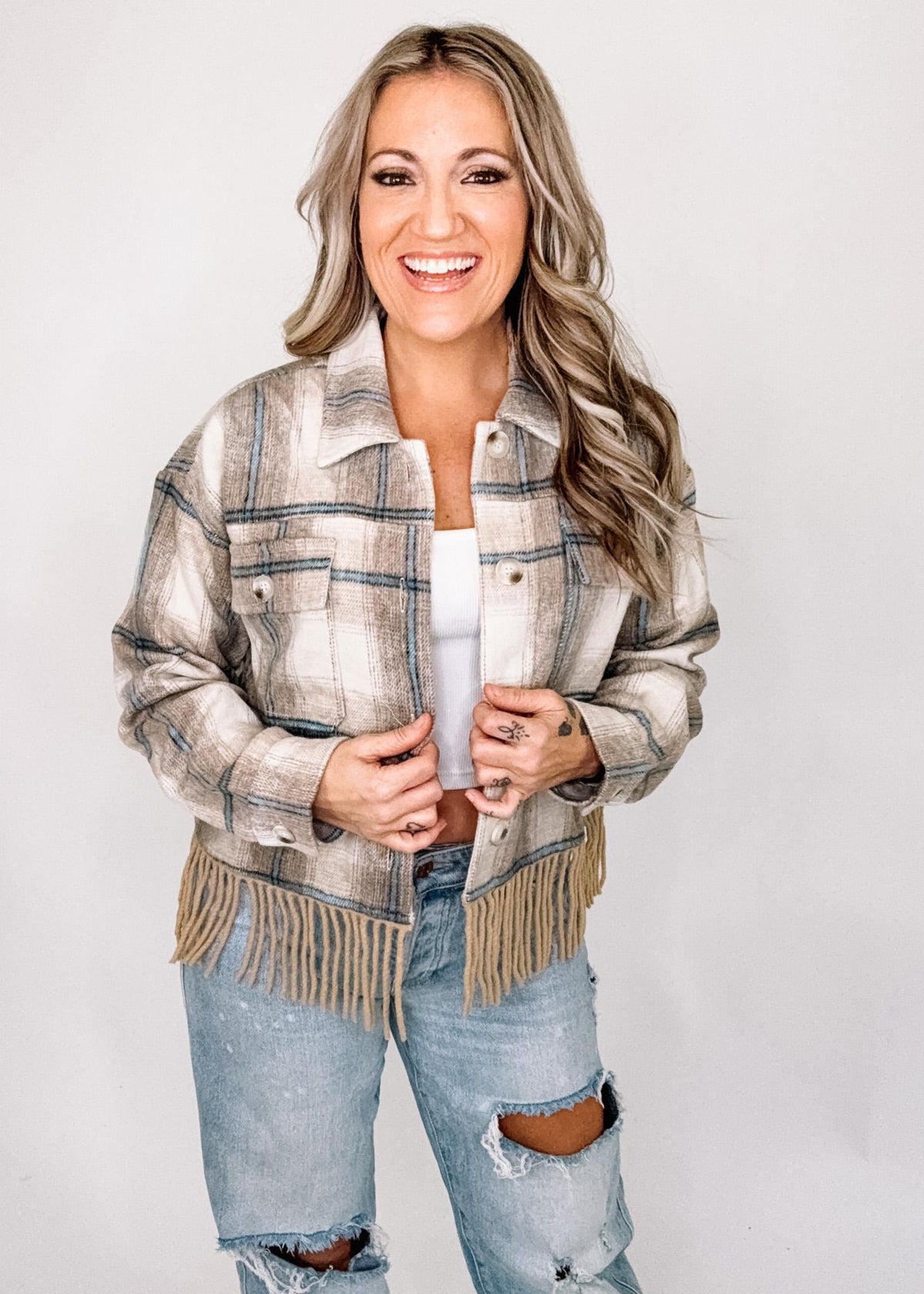 Almond and Ivory Plaid Fringe Jacket