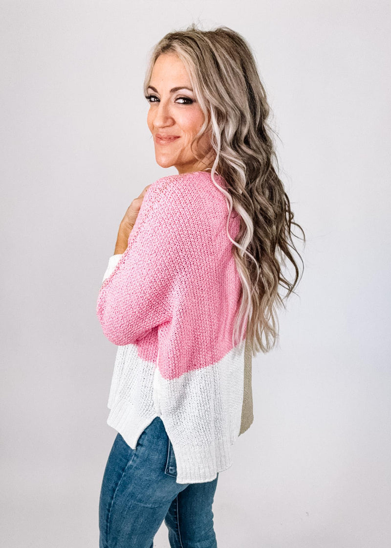 Pink Color Block V Neck Knit Sweater