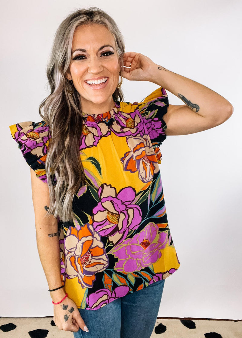 Floral Flutter Sleeve Top with Ruffle Neck