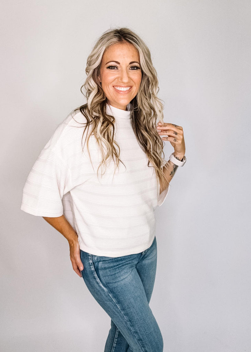 Stripe Textured Mock Neck Half Sleeve Top