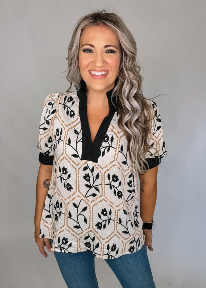 Entro Black Floral Embroidered Top