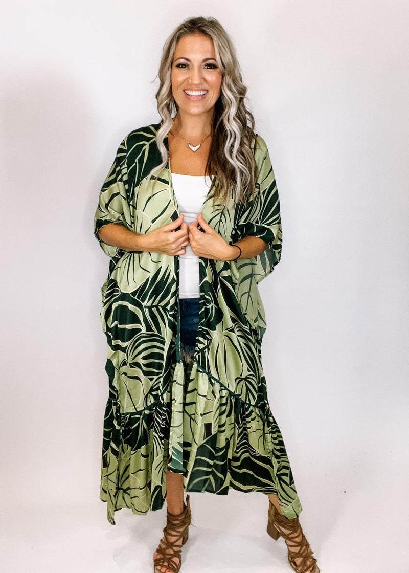 Green Palm Leaf Printed Kimono