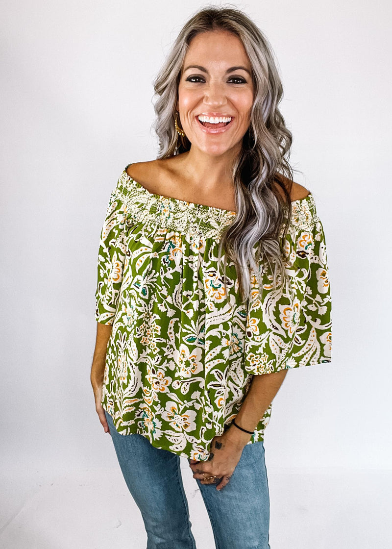 Olive Flutter Sleeve Smocked Trim Top