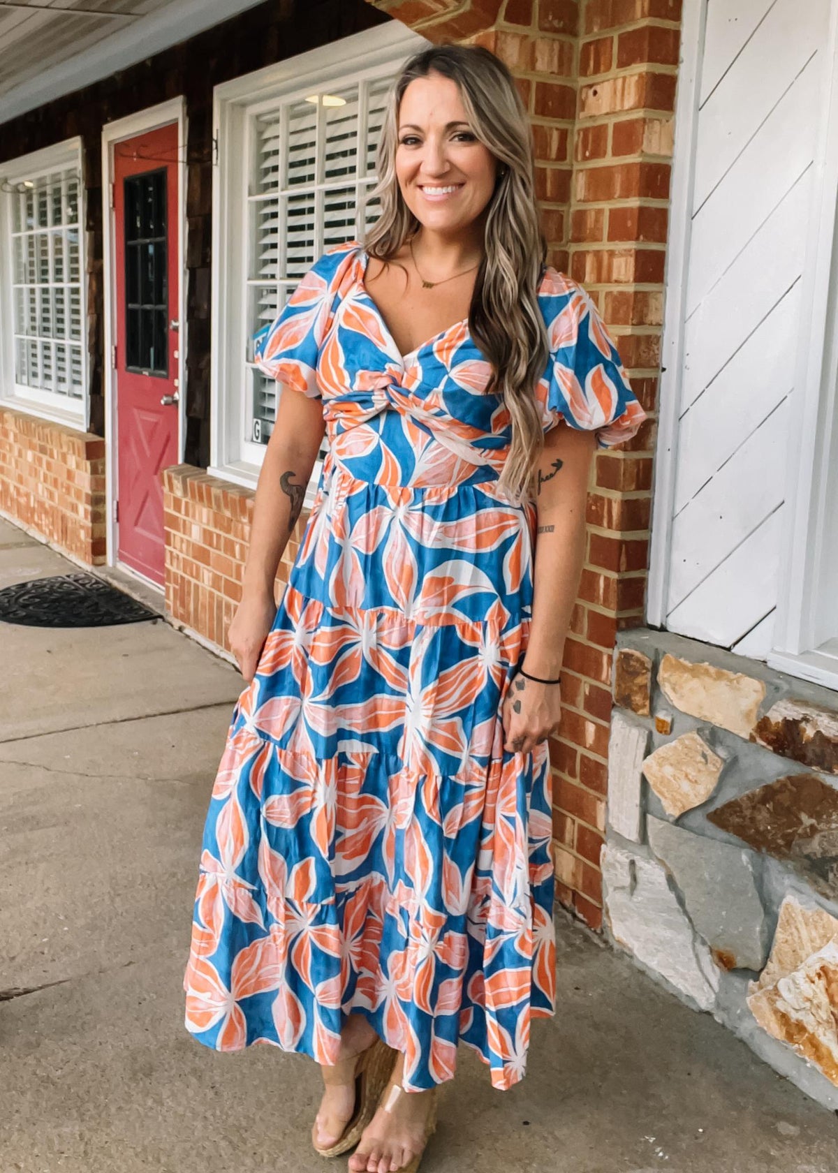 Blue and Peach Floral Puff Sleeve Maxi Large