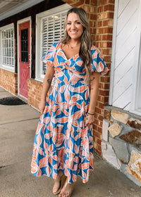 Blue and Peach Floral Puff Sleeve Maxi
