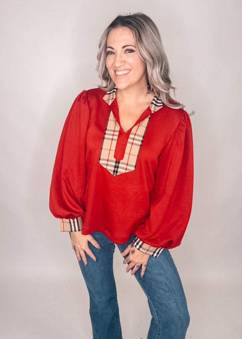 Mock Neck Solid Top with Plaid Contrast