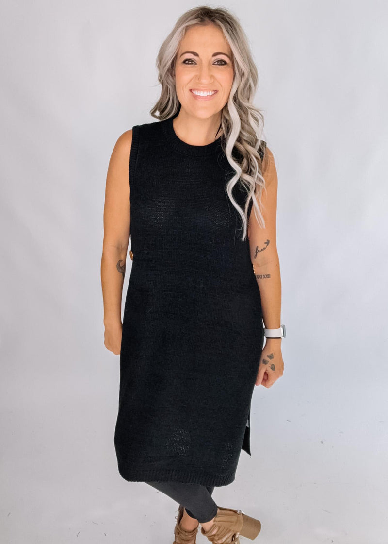 Side Button Sleeveless Open Longline Sweater