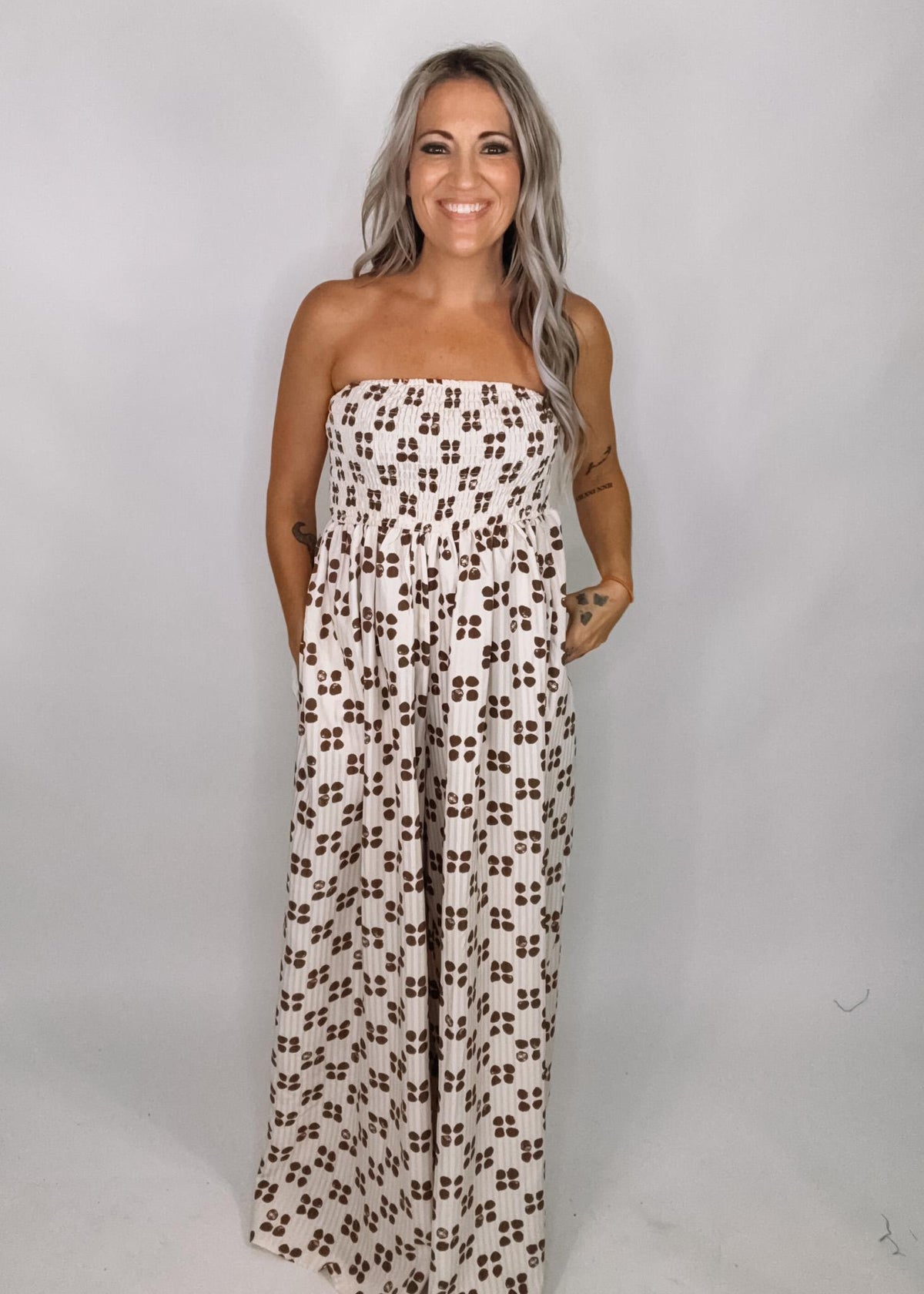 Cream and Brown Printed Wide Leg Jumpsuit