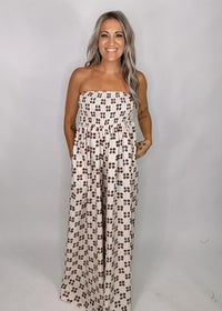 Cream and Brown Printed Wide Leg Jumpsuit