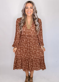 Taupe Trim Floral Midi Dress