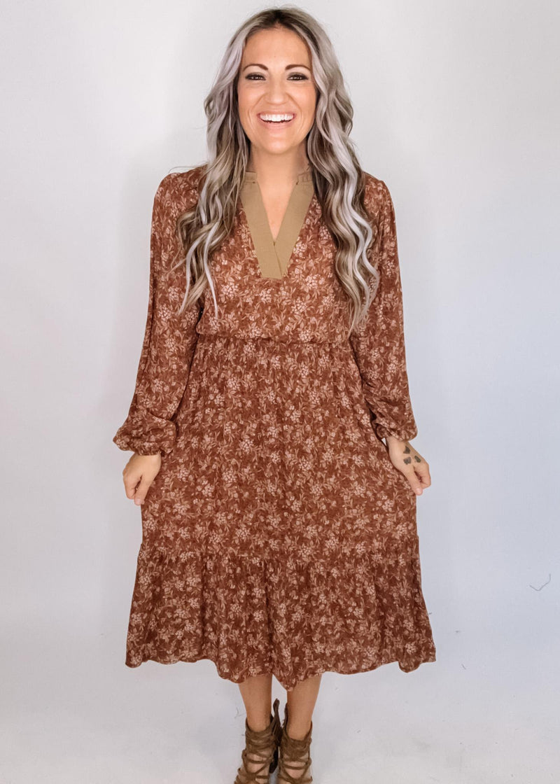 Taupe Trim Floral Midi Dress