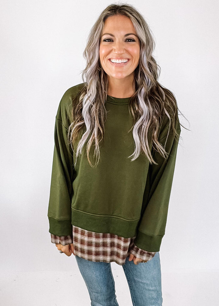 Olive Pullover with Plaid Back Detail