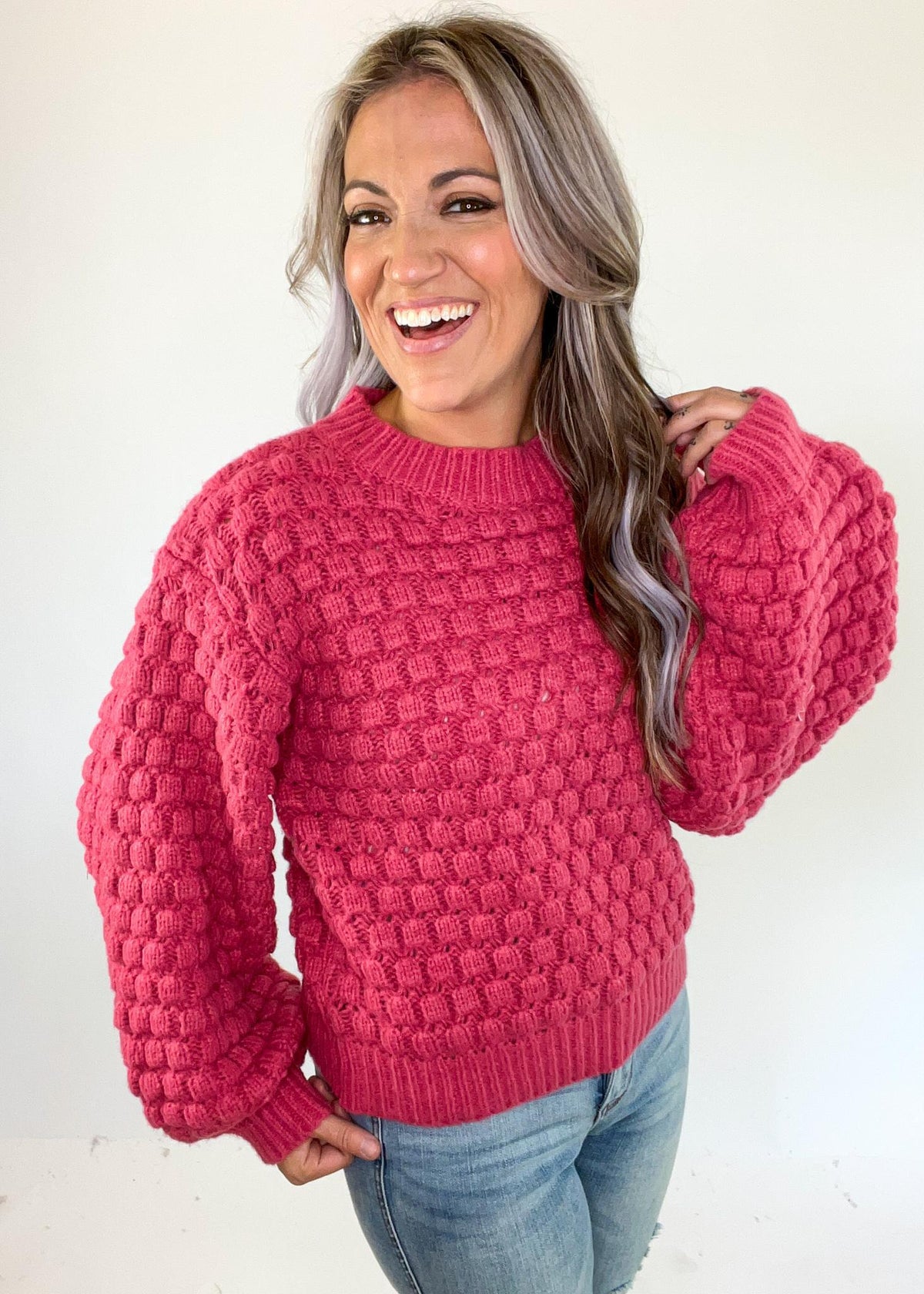 Raspberry Textured Balloon Sleeve Sweater