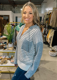 Grey Hooded Knit Stripe Top