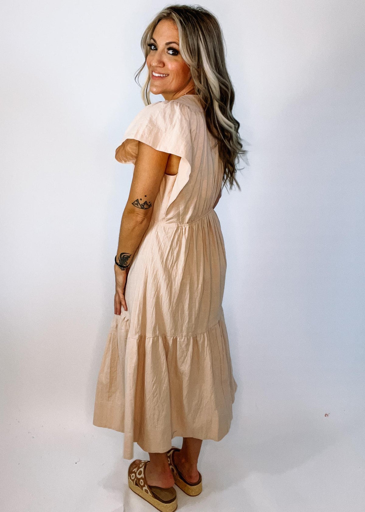 Natural Button Down Flare Sleeve Dress