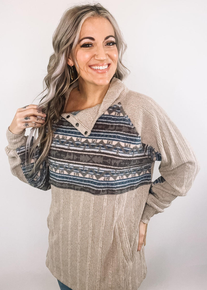 Grey Blue Sherpa Contrast Ragland Top