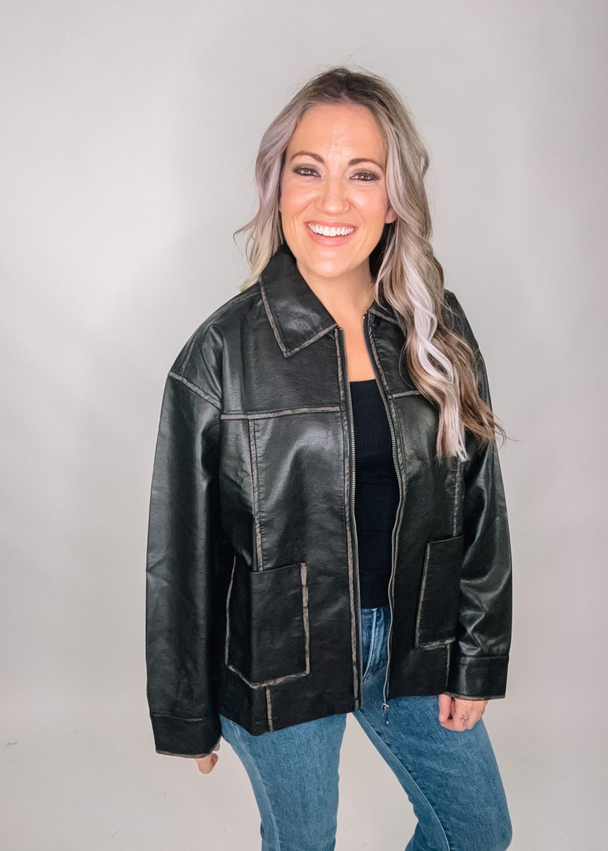 Washed Faux Leather Collared Zip Jacket