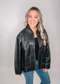 Washed Faux Leather Collared Zip Jacket
