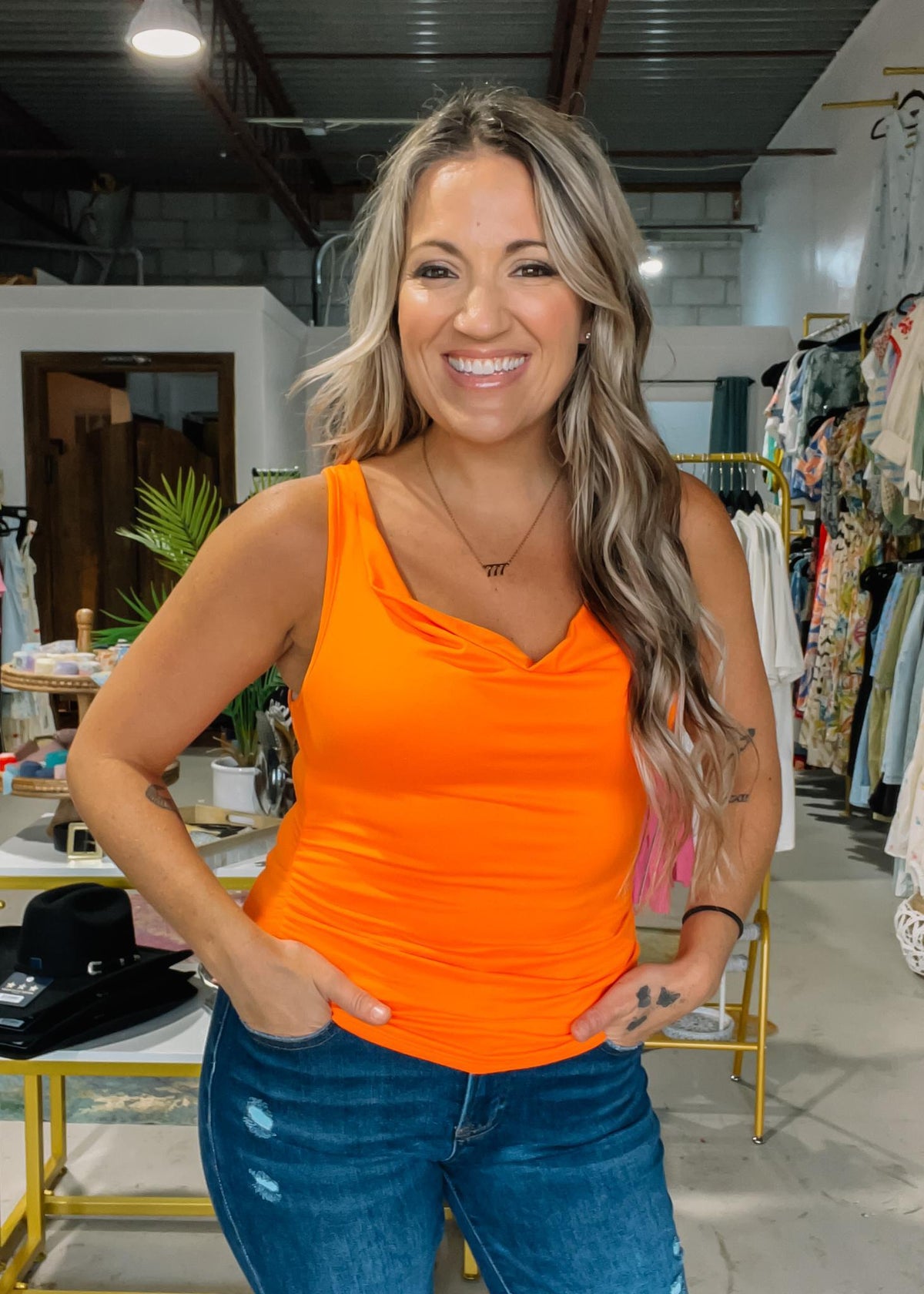 Cowl Neck Shirring Tank Top