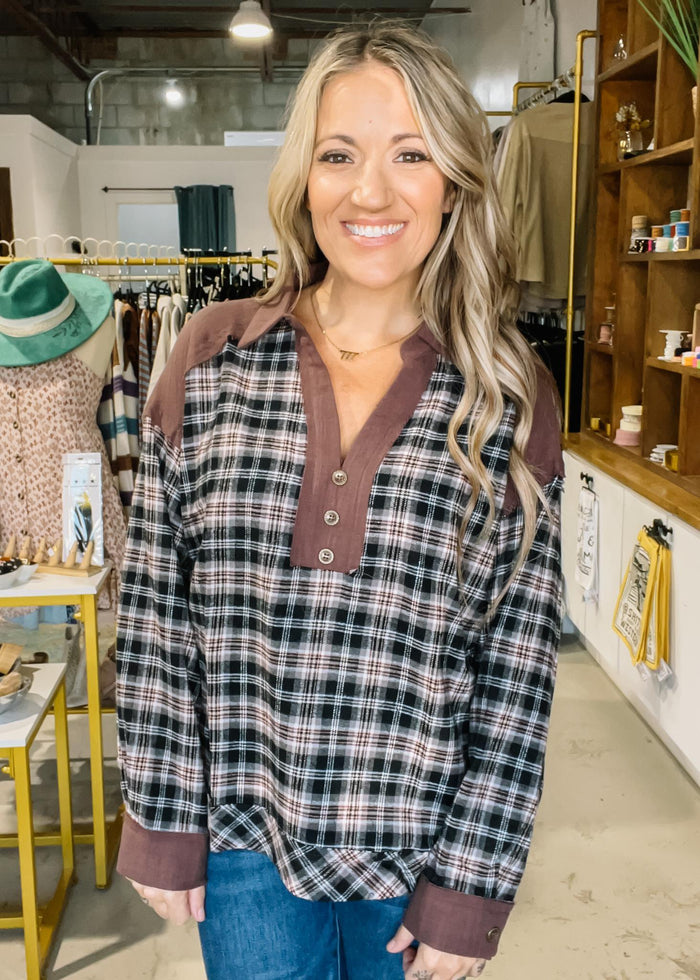 Plaid Collared Henley Top