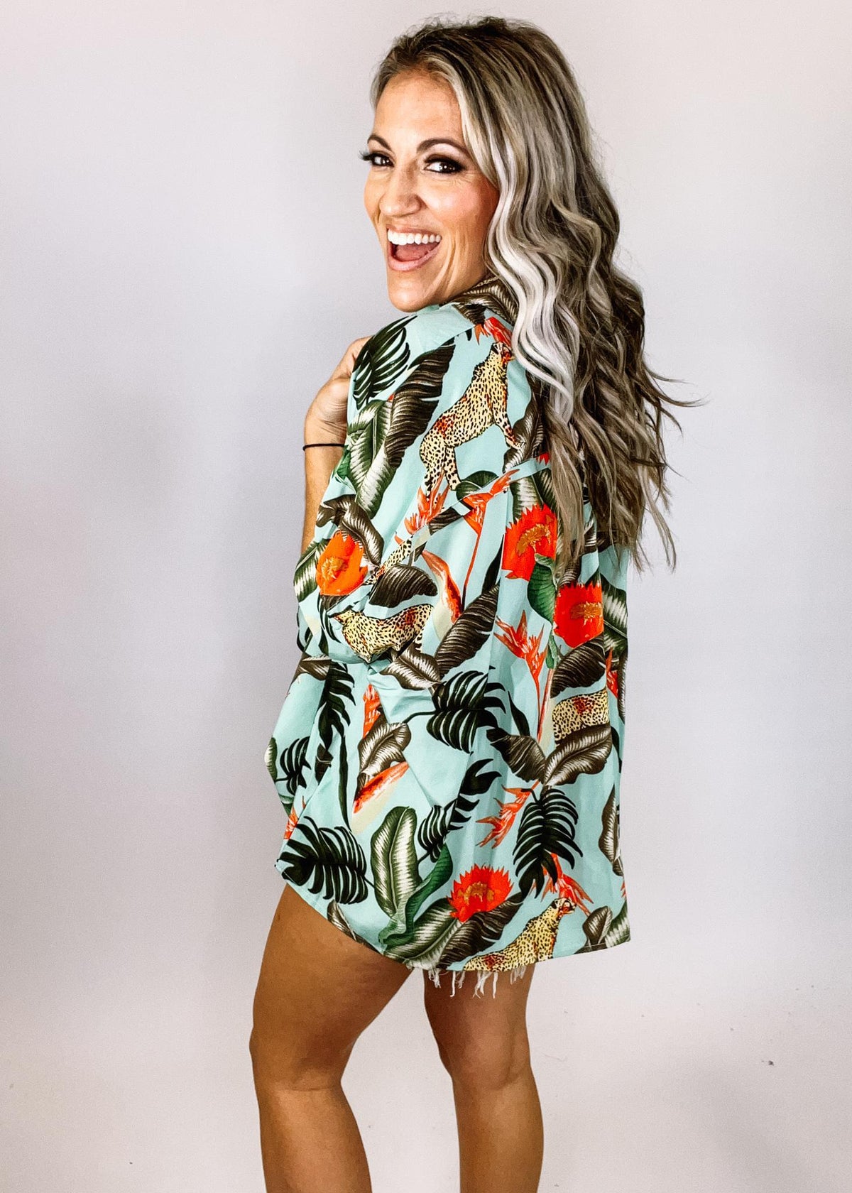 Oversized Mint Tropical Cheetah Top