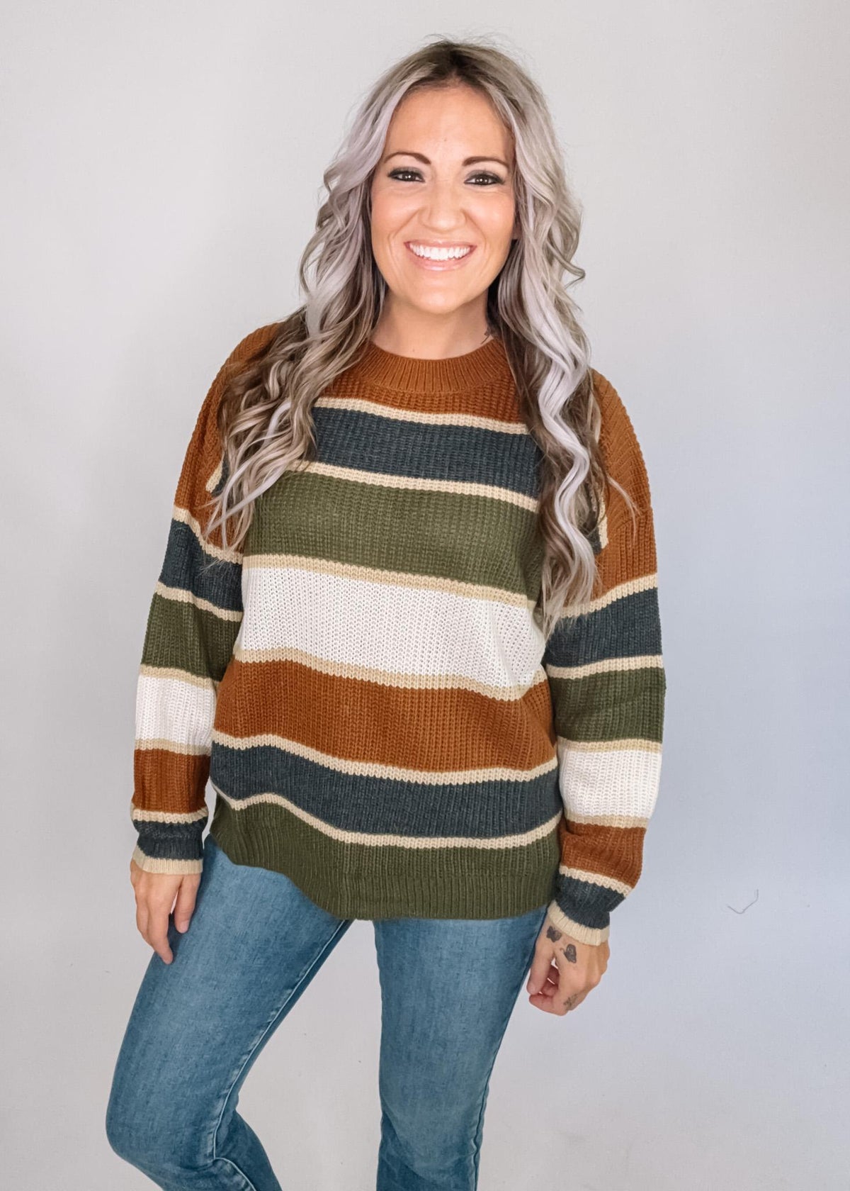 Camel and Olive Stripe Classic Sweater