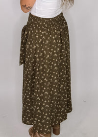 Brown Floral Midi Skirt with Bow Detail