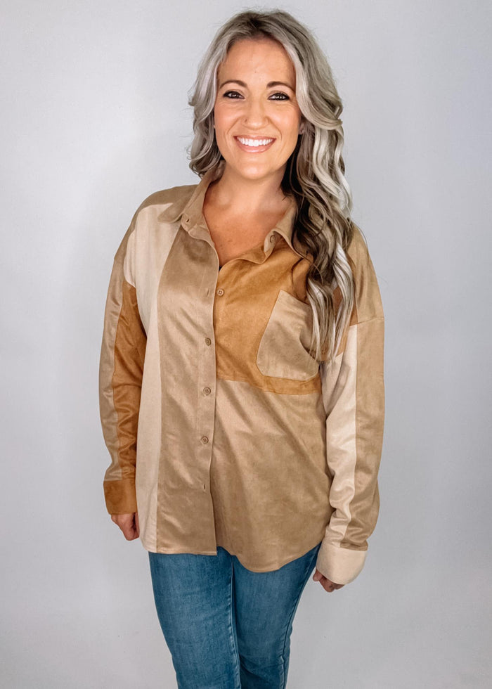 Color Block Suede Button Up Top