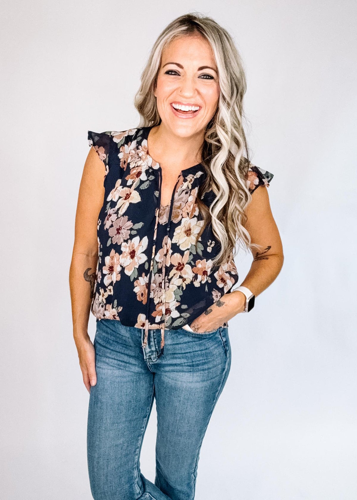 Navy and Mauve Floral Chiffon Blouse