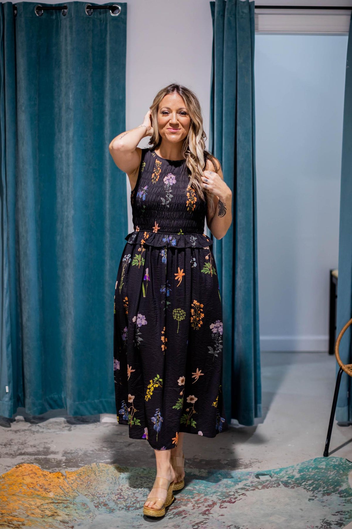 Black Smocked Top Floral Maxi