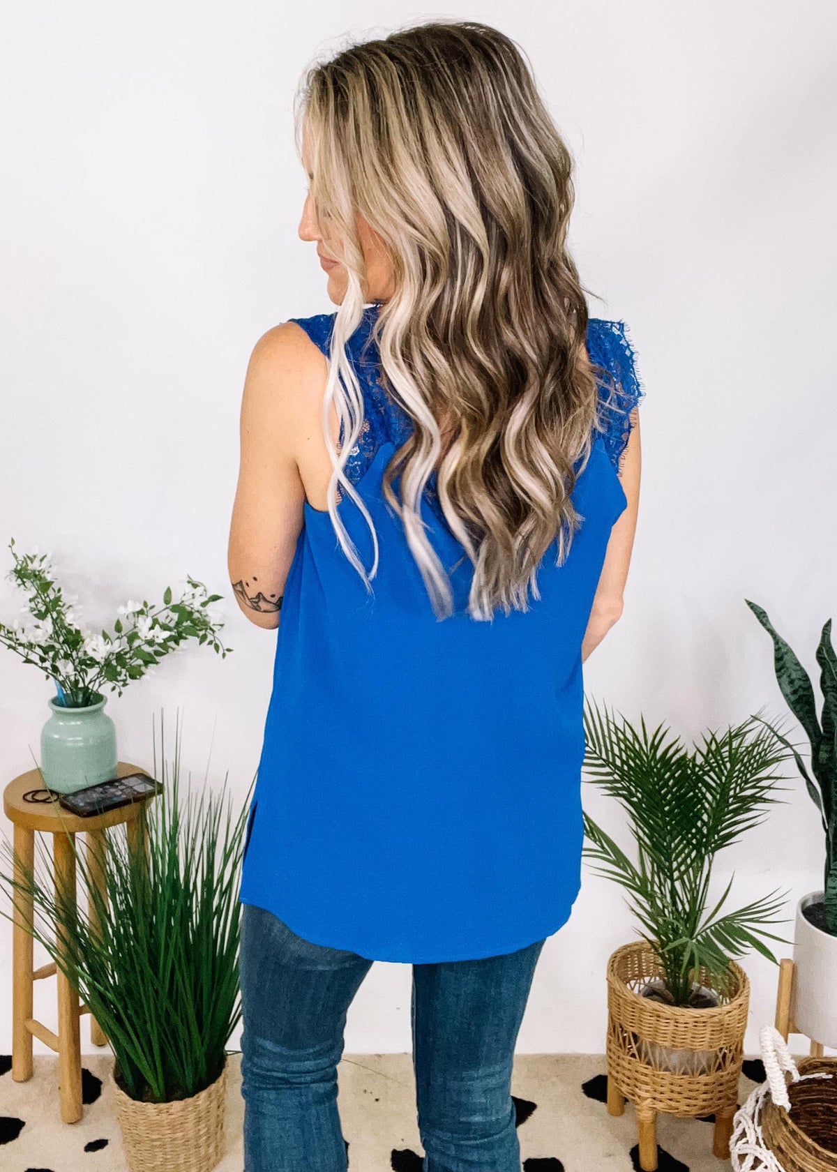 Cobalt Tank with Lace Neckline and Strap Detail