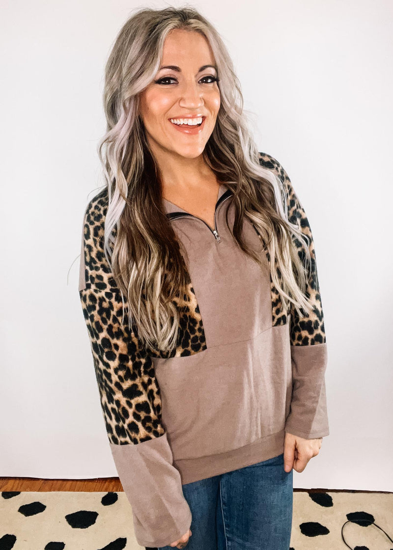 Mocha Brushed Terry Leopard Block Zip Up